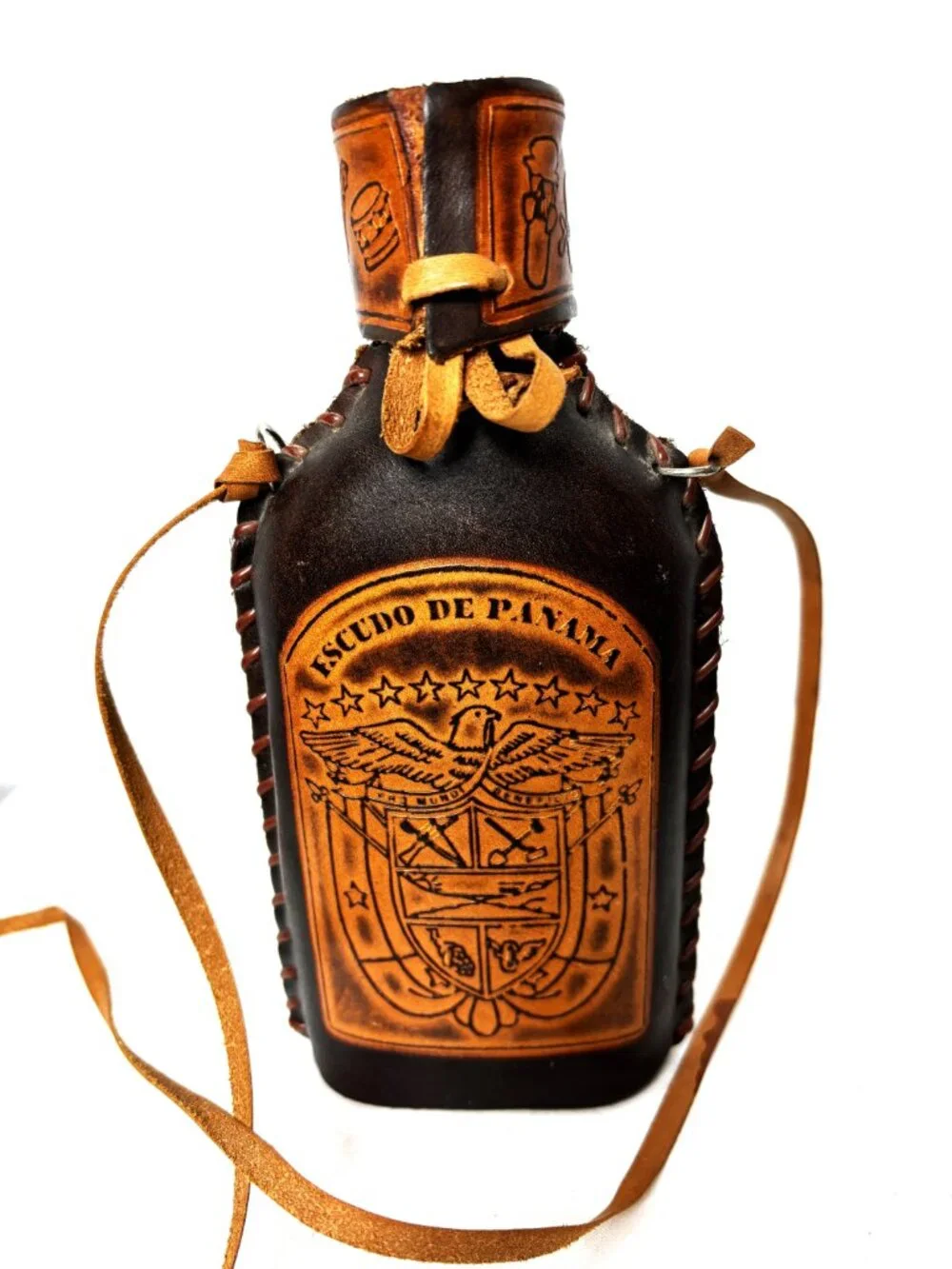 VTG Panama Leather Wrapped Glass Bottle Hand Tooled Souvenir Flask Decor